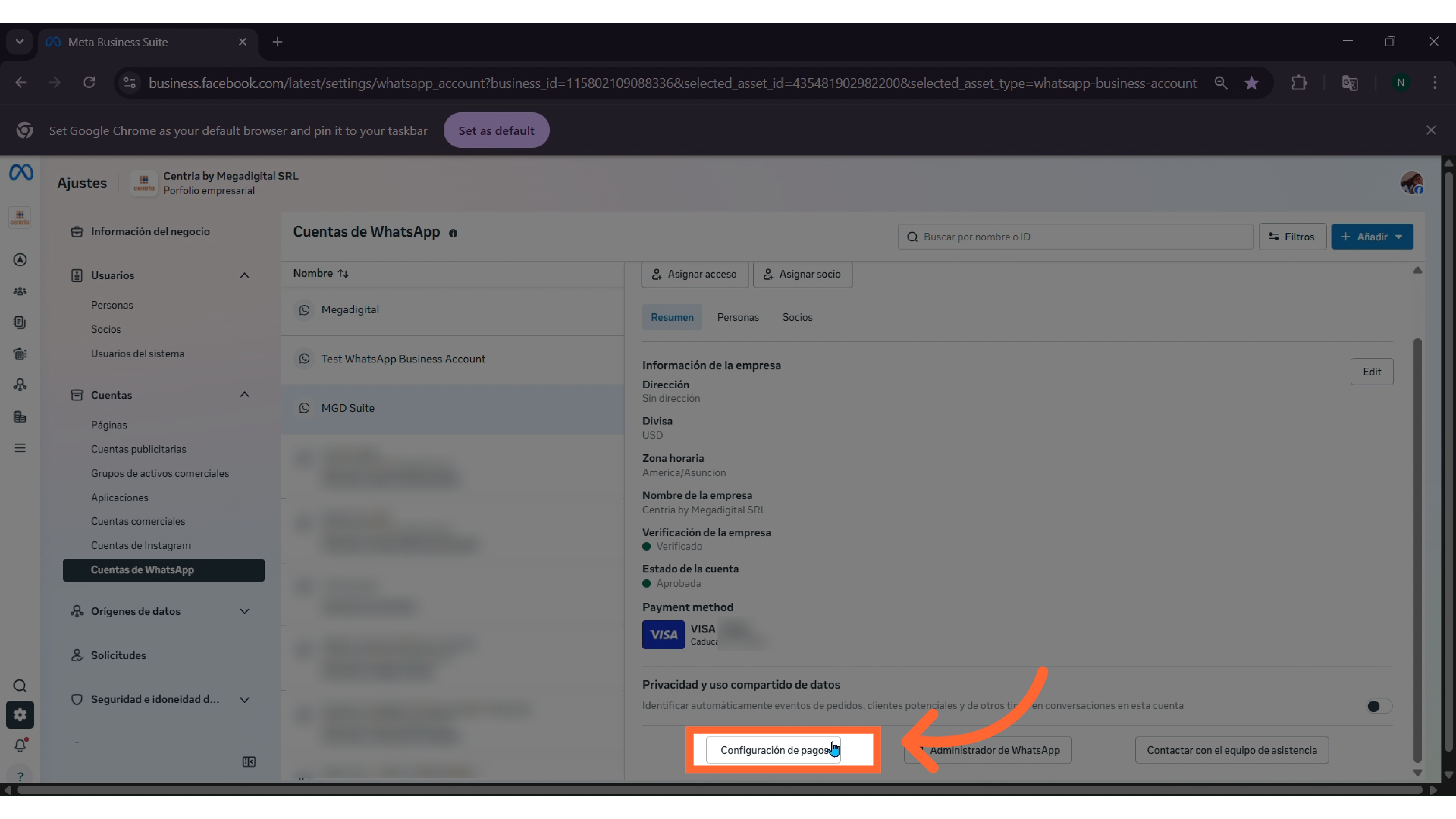 Ubica y haz clic en Configuración de pagos dentro de la descripción de la cuenta