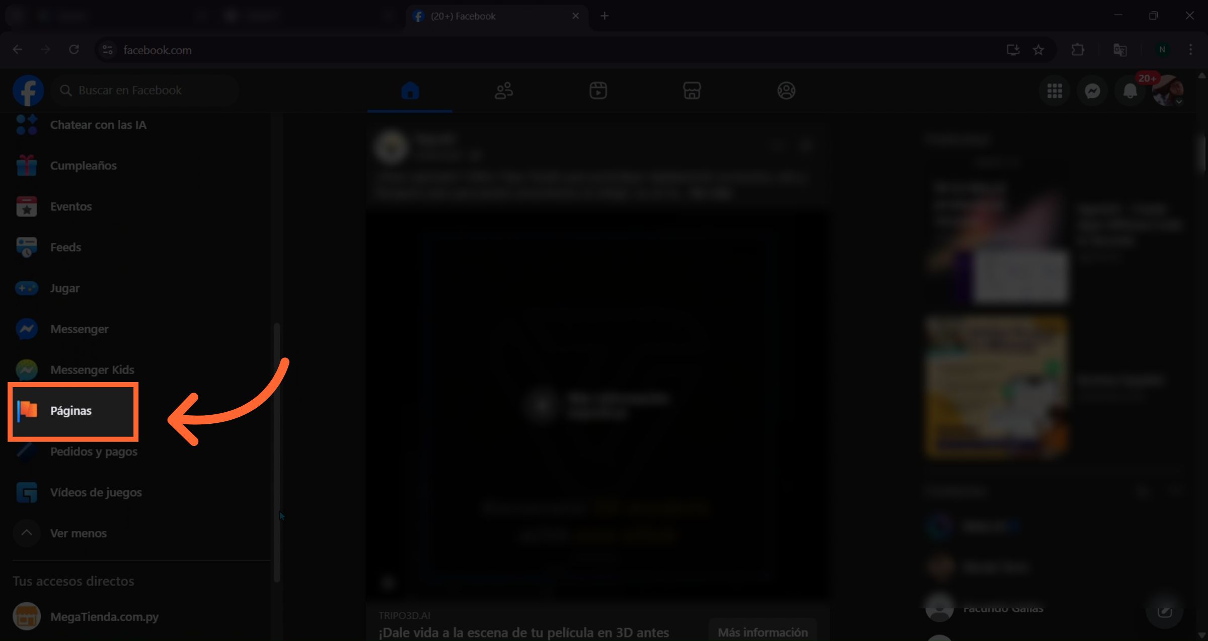 Menú de navegación de Facebook para acceder a secciones de páginas