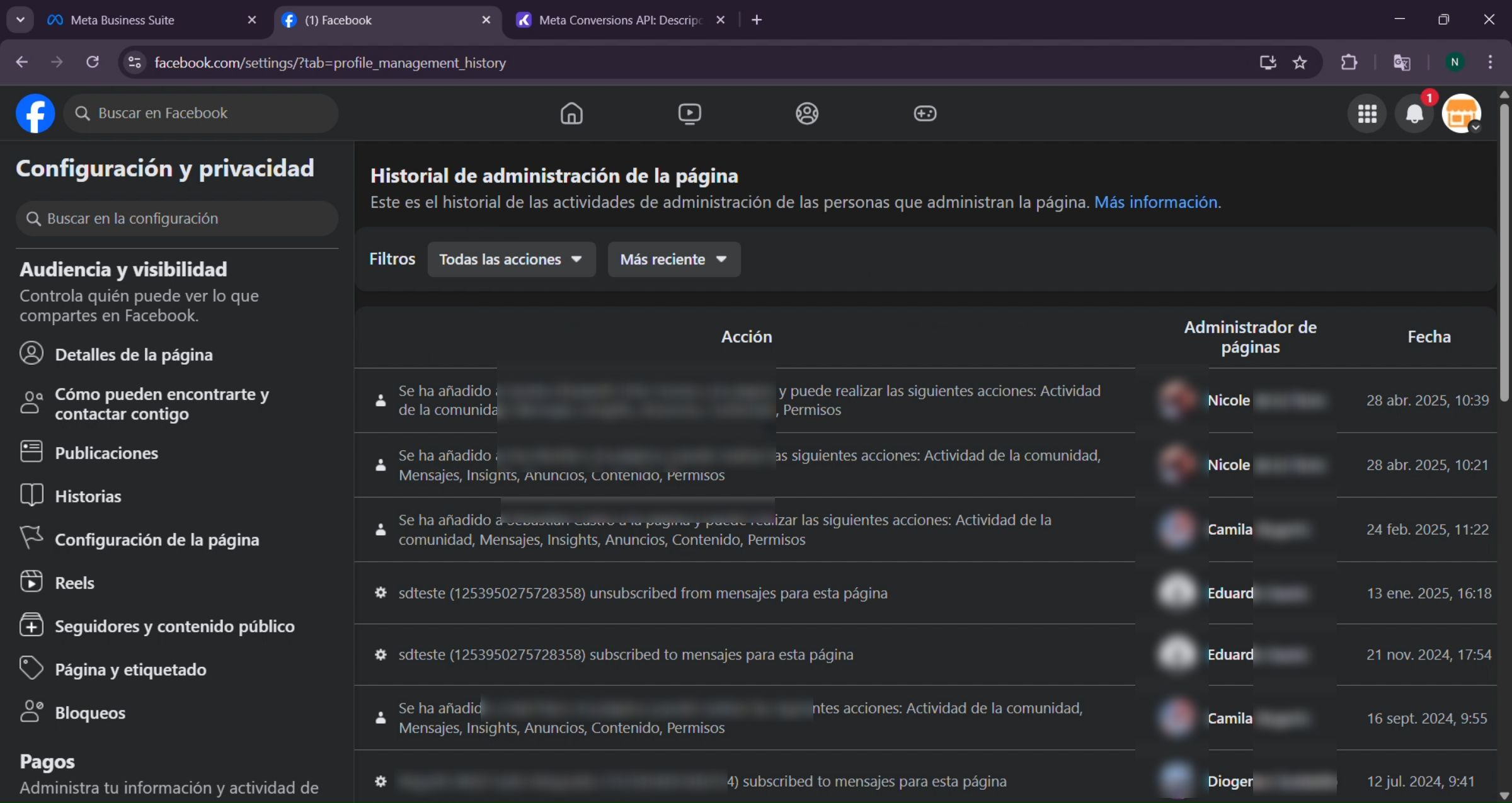 Historial de actividad administrativa